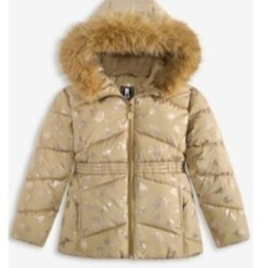 Tan Puffer Jacket with Faux Fur Hood